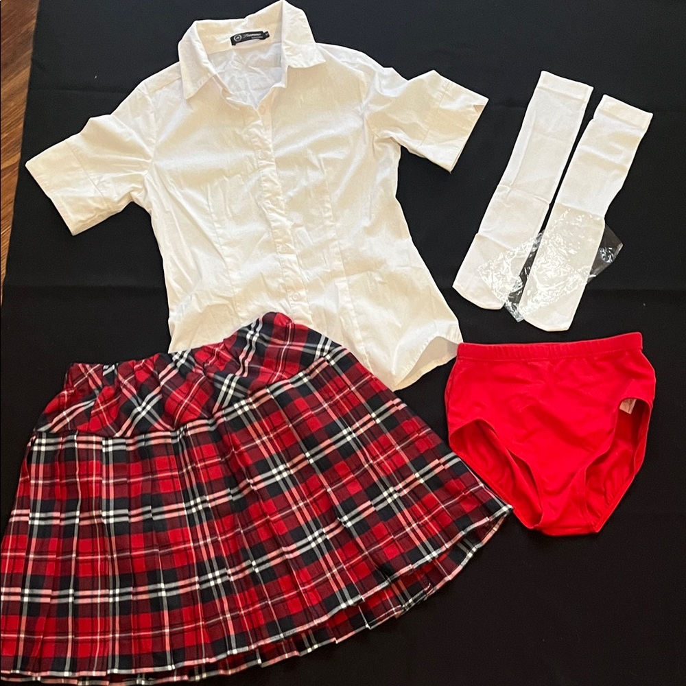 White Shirt and Red Plaid Skirt Set